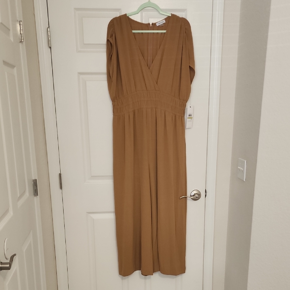 Calvin Klein Taupe V-Neck Long Sleeve Wide-Leg Jumpsuit - Picture 1 of 9